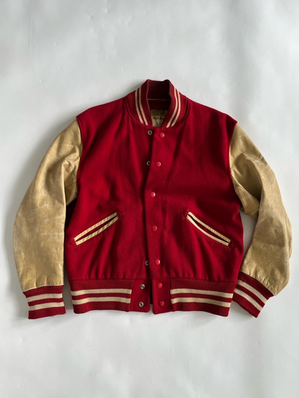 Vintage Men’s 50’s/60’s Red Wool and Tan Leather Sleeves Varsity Jacket